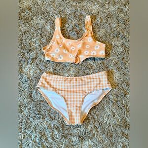 Old Navy Girls Orange Daisy & Gingham Bikini Two Piece Set Size X Large XL EUC